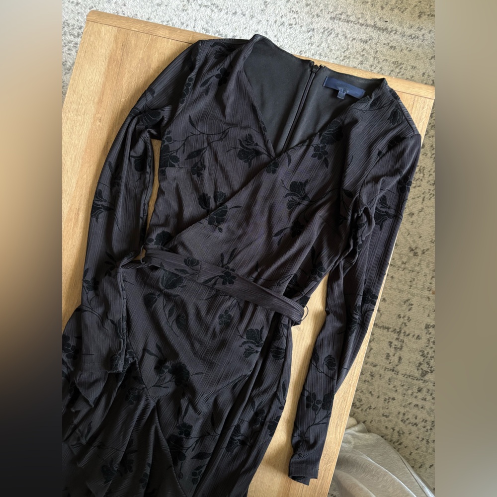 Rachel Roy Black Velvet Velour Flowers Ruffle Dress with Tie Belt